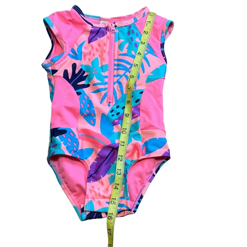 Toddler 2T Girl Bright Pink Tropical Leaf One Piece Swimsuit Snap Bottom